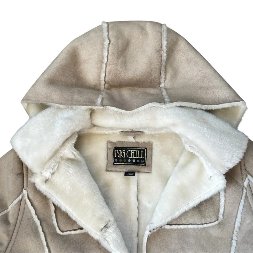 VINTAGE 90s Cream Faux Suede & Fur Hooded Coat Size Large - Picture 15 of 15